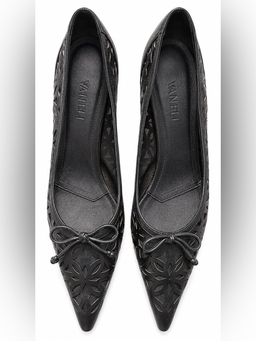 VANELi Black Leather Laser Cut Mesh Kitten Heel Pumps Bow Size 8.5 Made in Italy